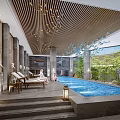 Modern Luxury Swimming Pool Interior With Wooden Ceiling Green Plants And Loungers