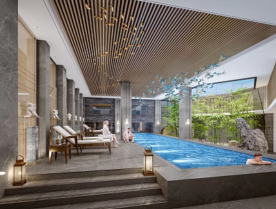 Modern Luxury Swimming Pool Interior With Wooden Ceiling Green Plants And Loungers 3d model