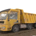Yellow Functional Dump Truck with Rusty Exterior and Large Tires for Construction Site Transportation Needs