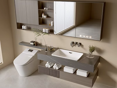 Modern Bathroom Cabinet With Sink Countertop Mirror Towels And Storage Shelves 3d model