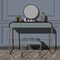 Modern Dressing Table with Round Mirror Cosmetics and Stool on Paneled Gray Wall 3d model