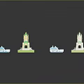 Two Low Poly Tower Bridge Models With Boats And Reflections On Black Background 3d model