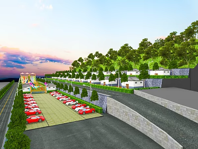 Aerial View Planning of Scenic Resort with Parking Lot Red Cars Trees and Buildings 3d model