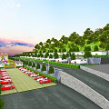 Aerial View Planning of Scenic Resort with Parking Lot Red Cars Trees and Buildings