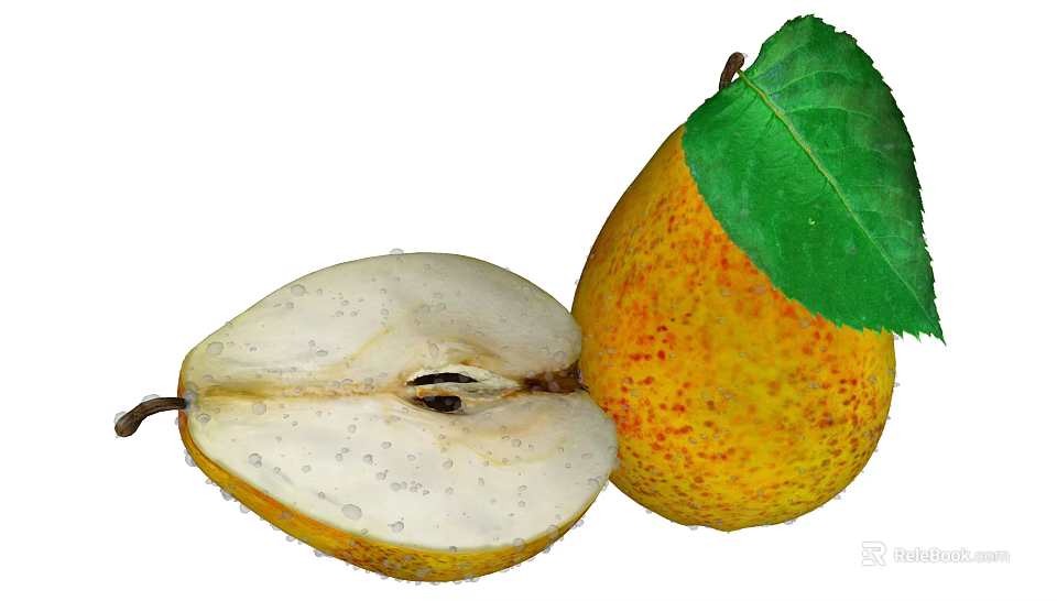 Fresh Whole And Sliced Pear With Yellow Red Spots Skin White Flesh And Green Leaf 3d model 