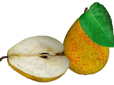 Fresh Whole And Sliced Pear With Yellow Red Spots Skin White Flesh And Green Leaf 3d model