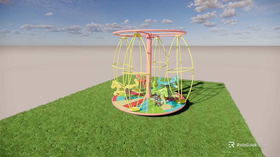 Outdoor Playground Equipment With Yellow Frame Pink Pole Colorful Rotating Swing On Green Grass 3d model 