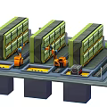 Cartoon Style Logistics Warehouse Facility With Green Warehouses And Orange Forklifts