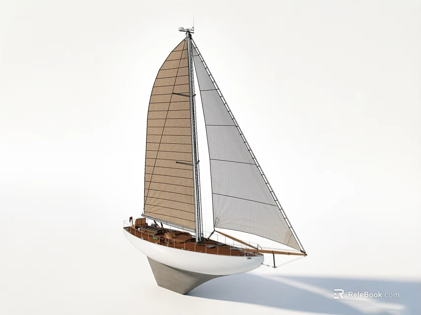 Classic Sailboat With Brown And White Sails And White Hull Structure 3d model 