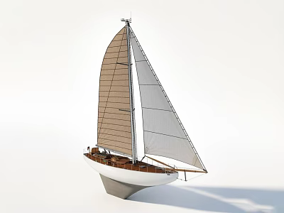 Classic Sailboat With Brown And White Sails And White Hull Structure 3d model