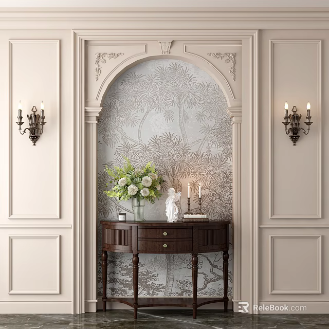 Elegant Modern Entryway Console Cabinet With Carved Archway Patterned Wallpaper Wall Sconces Vase And Plants 3d model 