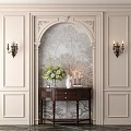 Elegant Modern Entryway Console Cabinet With Carved Archway Patterned Wallpaper Wall Sconces Vase And Plants
