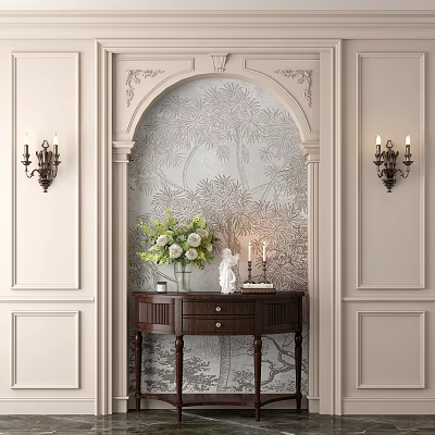 Elegant Modern Entryway Console Cabinet With Carved Archway Patterned Wallpaper Wall Sconces Vase And Plants 3d model