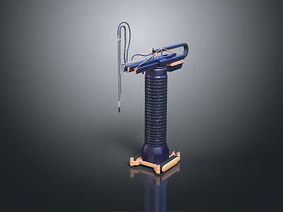 Futuristic Game Movie Character Equipment With Blue Cylindrical Structure Wooden Base And Metal Rods 3d model