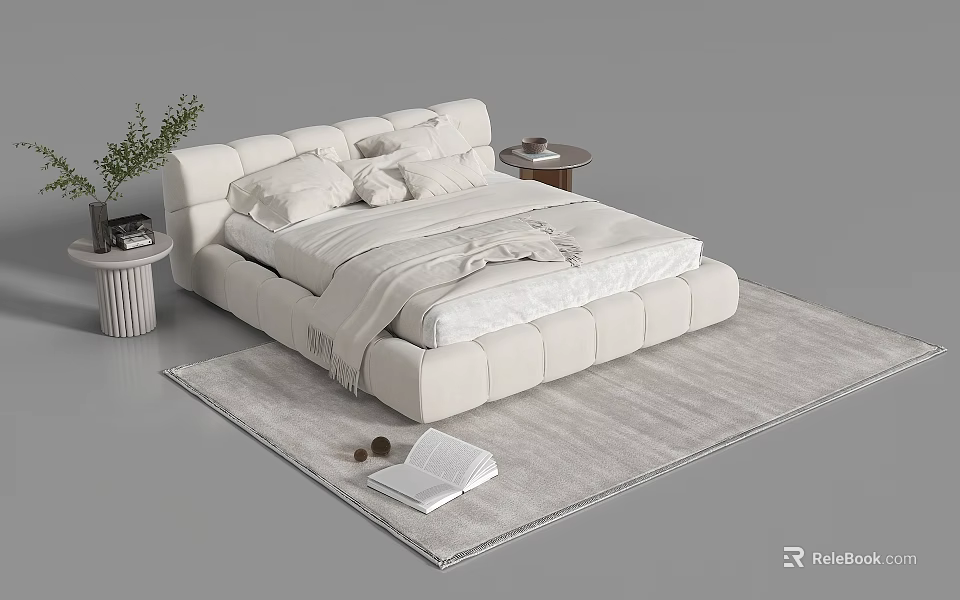Modern Upholstered Double Bed with Soft Bedding Nightstands and Area Rug 3d model 