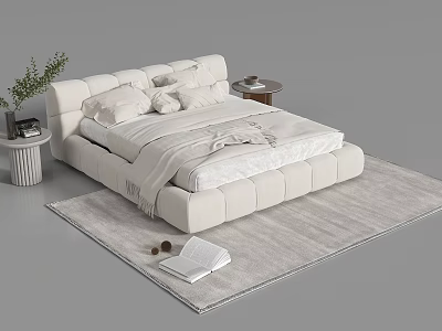 Modern Upholstered Double Bed with Soft Bedding Nightstands and Area Rug 3d model