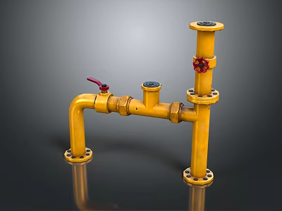 Yellow Industrial Pipes With Red Valves And Flange Connections System 3d model