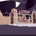 Cartoon Narnia Night Scene With Castle Gates Snowy Ground And Illuminated Sign
