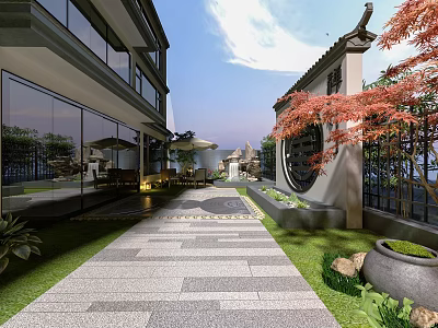 Chinese Style Garden Landscape Featuring Modern Building Stone Pathway Green Plants And Outdoor Seating 3d model