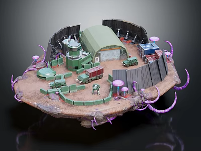 Sci Fi Model Scene Featuring Green Building Fence Vehicles And Purple Tentacles 3d model
