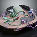 Sci Fi Model Scene Featuring Green Building Fence Vehicles And Purple Tentacles