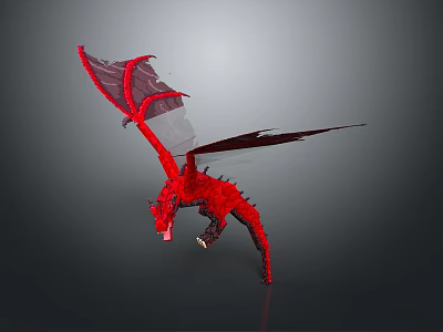 Detailed Red Dragon 3D Model with Wings in Block Style Flying Pose 3d model