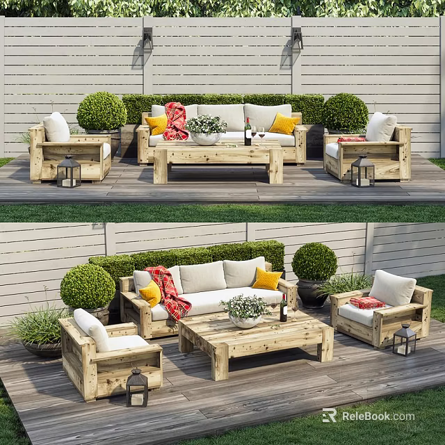 Wooden Outdoor Sofa Set With Colorful Pillows On Terrace And Potted Plants 3d model 