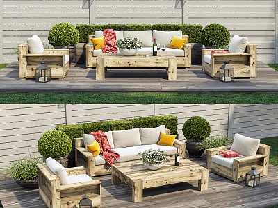 Wooden Outdoor Sofa Set With Colorful Pillows On Terrace And Potted Plants 3d model