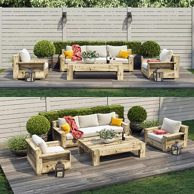 Wooden Outdoor Sofa Set With Colorful Pillows On Terrace And Potted Plants 3d model