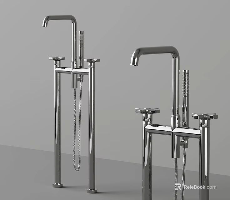 Modern Silver Floor Mounted Faucets With Handheld Shower And Chrome Finish 3d model 