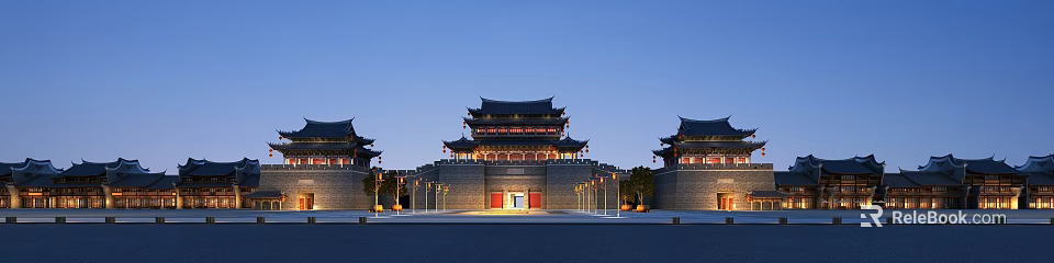 Ancient Architecture City Gate Tower With Multi Layered Structure And Illuminated Evening Scene 3d model 