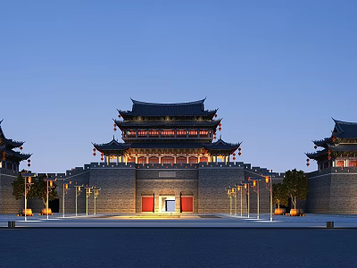 Ancient Architecture City Gate Tower With Multi Layered Structure And Illuminated Evening Scene 3d model