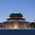 Ancient Architecture City Gate Tower With Multi Layered Structure And Illuminated Evening Scene