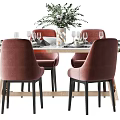 Stylish Dining Table Set With Gray Red Green Chairs Vase And Tableware Decor 3d model