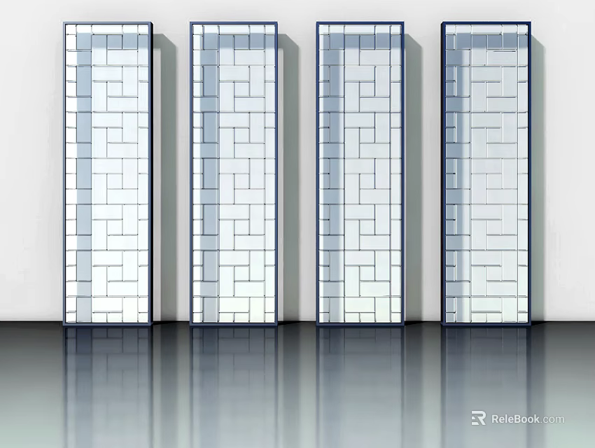 Modern Glass Panel Swing Doors With Geometric Patterns And Reflective Floor 3d model