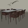 Rectangular White Dining Table Set With Brown Chairs Green Plant And Black Plate 3d model