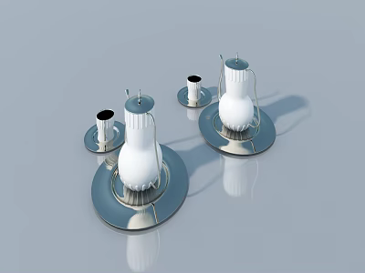 White Bottle Shaped Decorative Items With Silver Circular Bases And Small Accessories 3d model