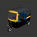 Yellow And Black Three Wheeled Vehicle With Gray Roof And Blue Seats