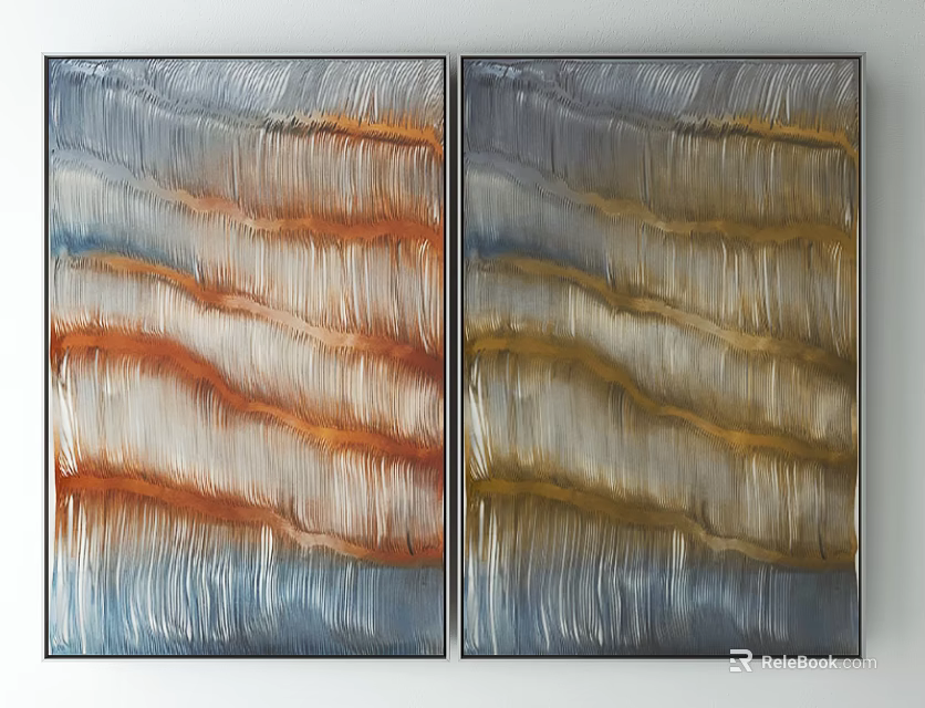 Modern Abstract Diptych Paintings With Orange Gold Blue Wavy Textures For Wall Art 3d model 