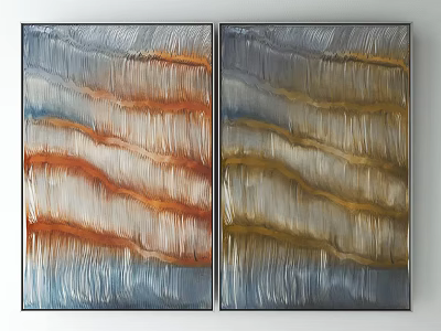 Modern Abstract Diptych Paintings With Orange Gold Blue Wavy Textures For Wall Art 3d model
