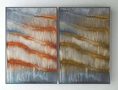 Modern Abstract Diptych Paintings With Orange Gold Blue Wavy Textures For Wall Art 3d model