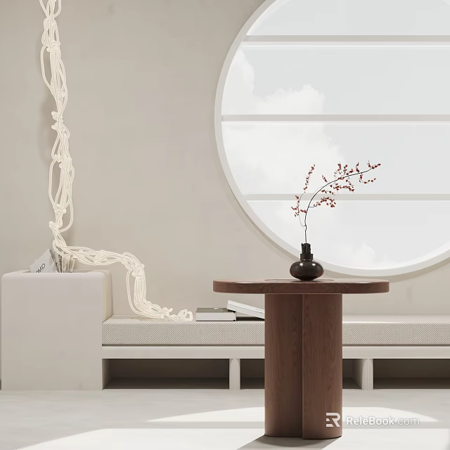 Round Wooden Side Table with Vase and Dried Flowers near White Sofa in Minimalist Interior 3d model 