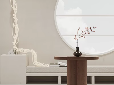 Round Wooden Side Table with Vase and Dried Flowers near White Sofa in Minimalist Interior 3d model