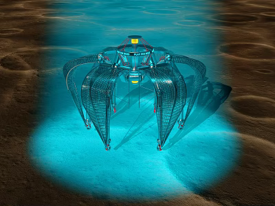Advanced Multi Legged Industrial Equipment With Transparent Frame On Lunar Surface Under Blue Lighting 3d model