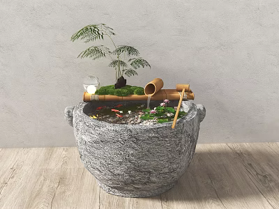 Natural Garden Ornament With Stone Basin Water Lotus Leaves Bamboo And Small Plant 3d model
