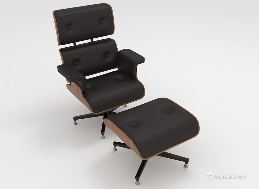 Modern Black Leather Leisure Chair With Wooden Frame And Ottoman Footstool 3d model 