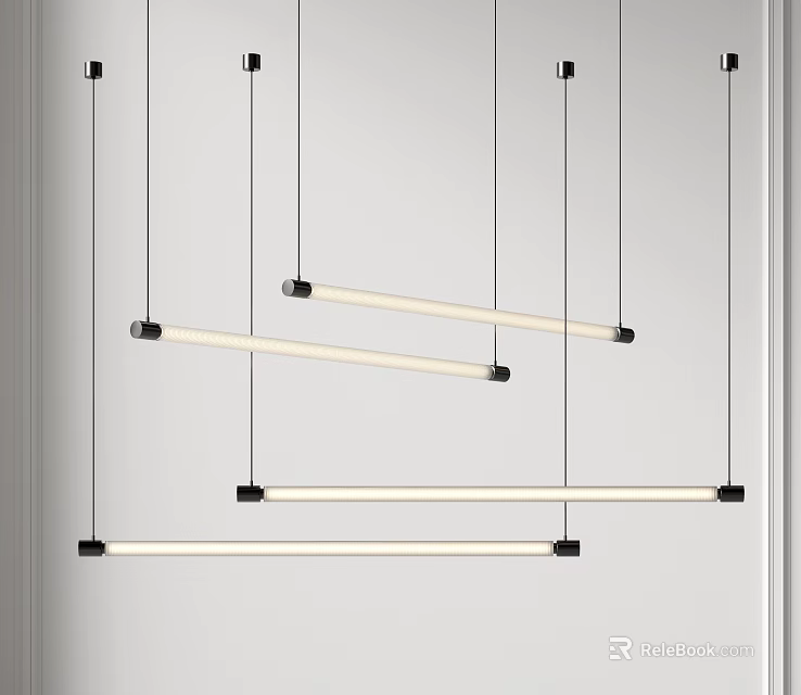 Sleek Modern Linear Pendant Lights With Black Metal Fixtures And Warm Illumination In Interior 3d model 