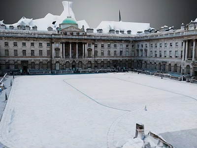 Classical Building Courtyard With Snow Covered Ground Green Dome Arched Windows Columns And Surrounding Railings 3d model