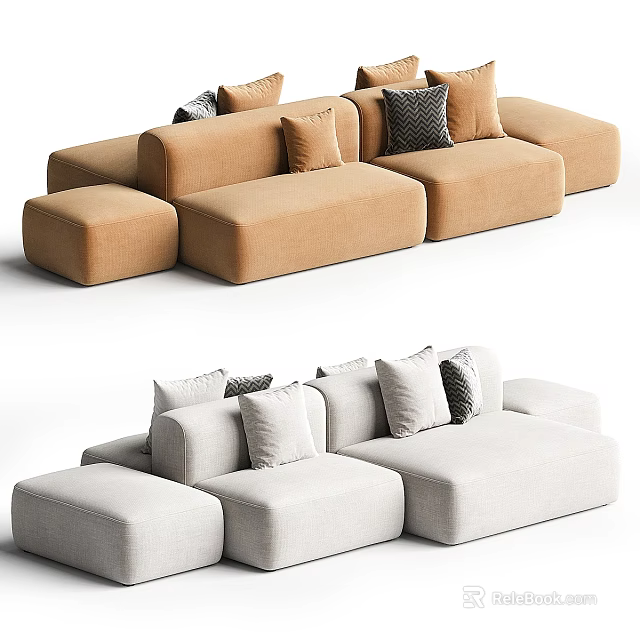 Modern Modular Sectional Sofa in Beige and Light Gray with Decorative Pillows 3d model