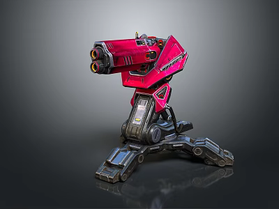 Red Mechanical Multi Barrel Weapon With Stable Base And Tech Design 3d model